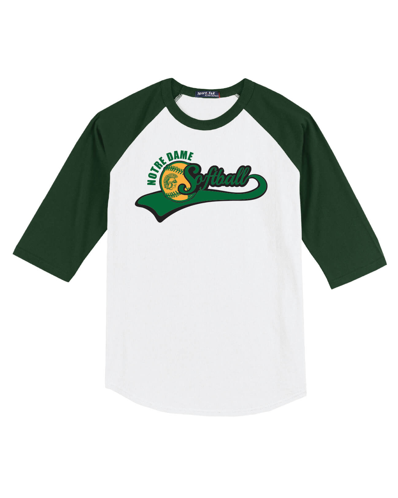 Notre Dame Sport Tek Colorblock Raglan Jersey green/white front