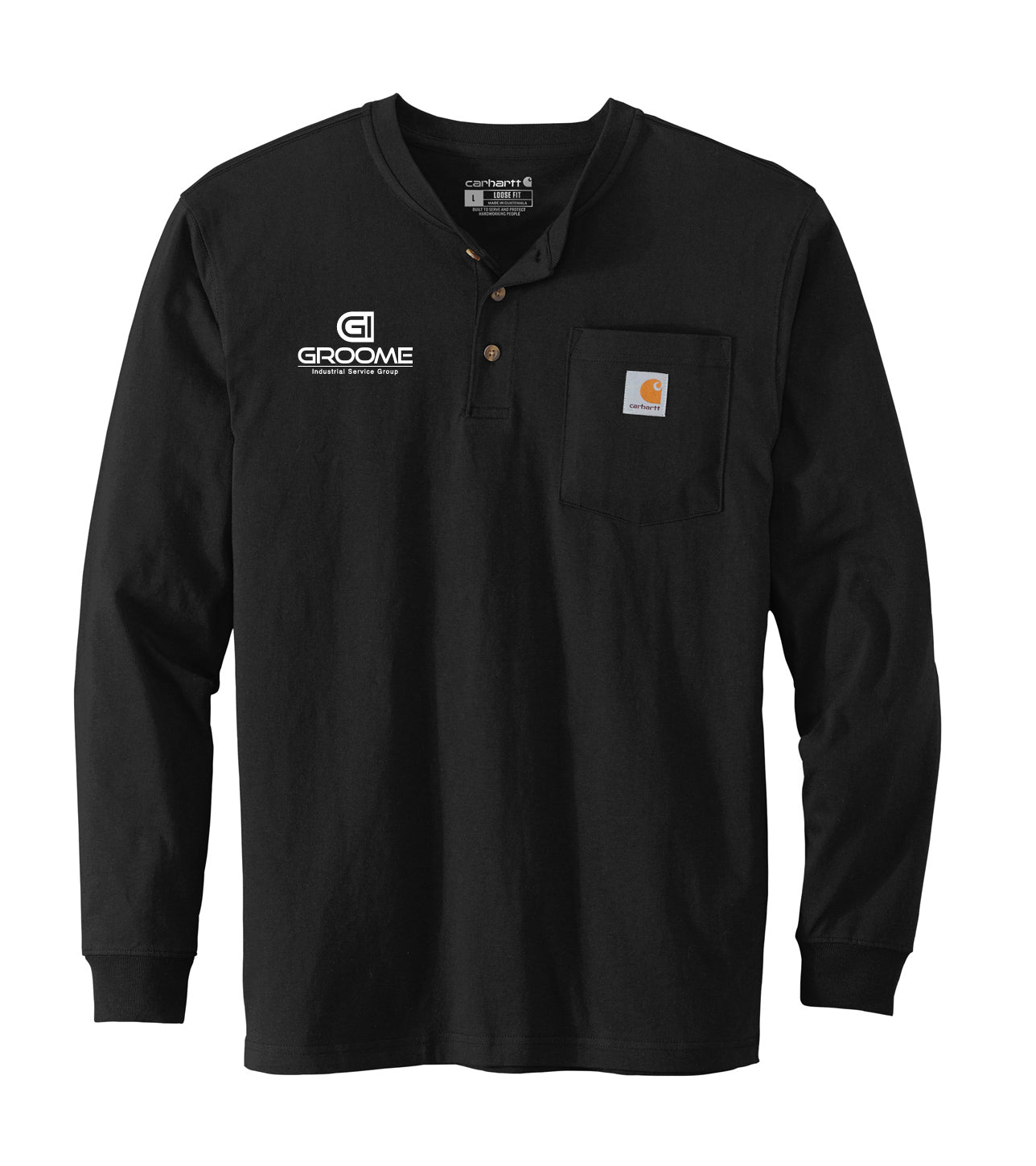 Carhartt® Long Sleeve Henley T-Shirt Small Logo Front with Flag on Back