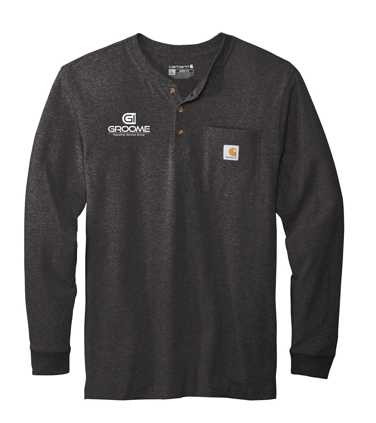 Carhartt® Long Sleeve Henley T-Shirt Small Logo Front with Flag on Back