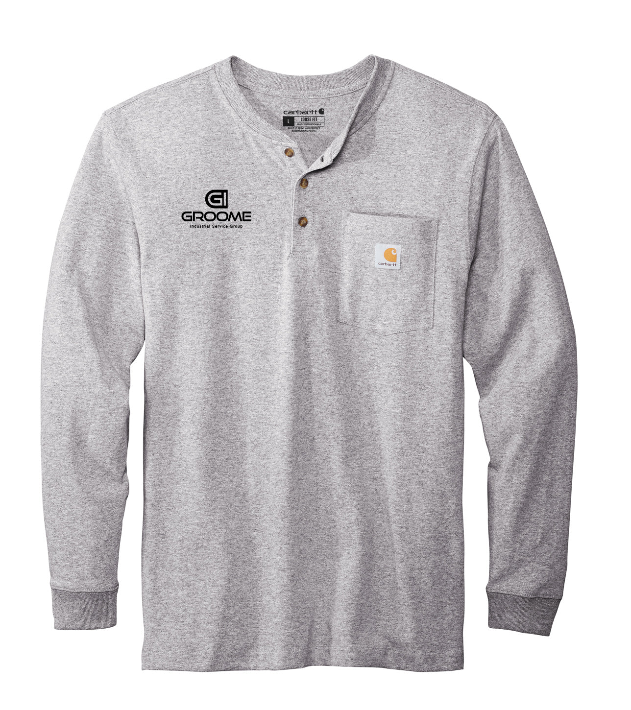 Carhartt® Long Sleeve Henley T-Shirt Small Logo Front with Flag on Back