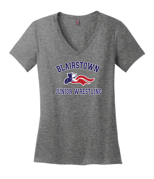 Blairstown JR Wrestling V-Neck Short Sleeve T-Shirt (Ladies) gray