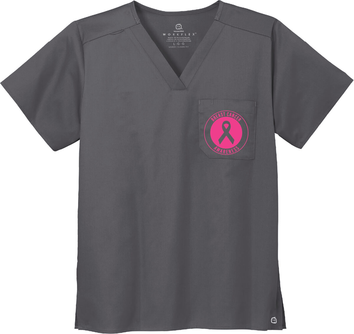 Wonder Wink Chest Pocket V-Neck Top gray with awareness circle