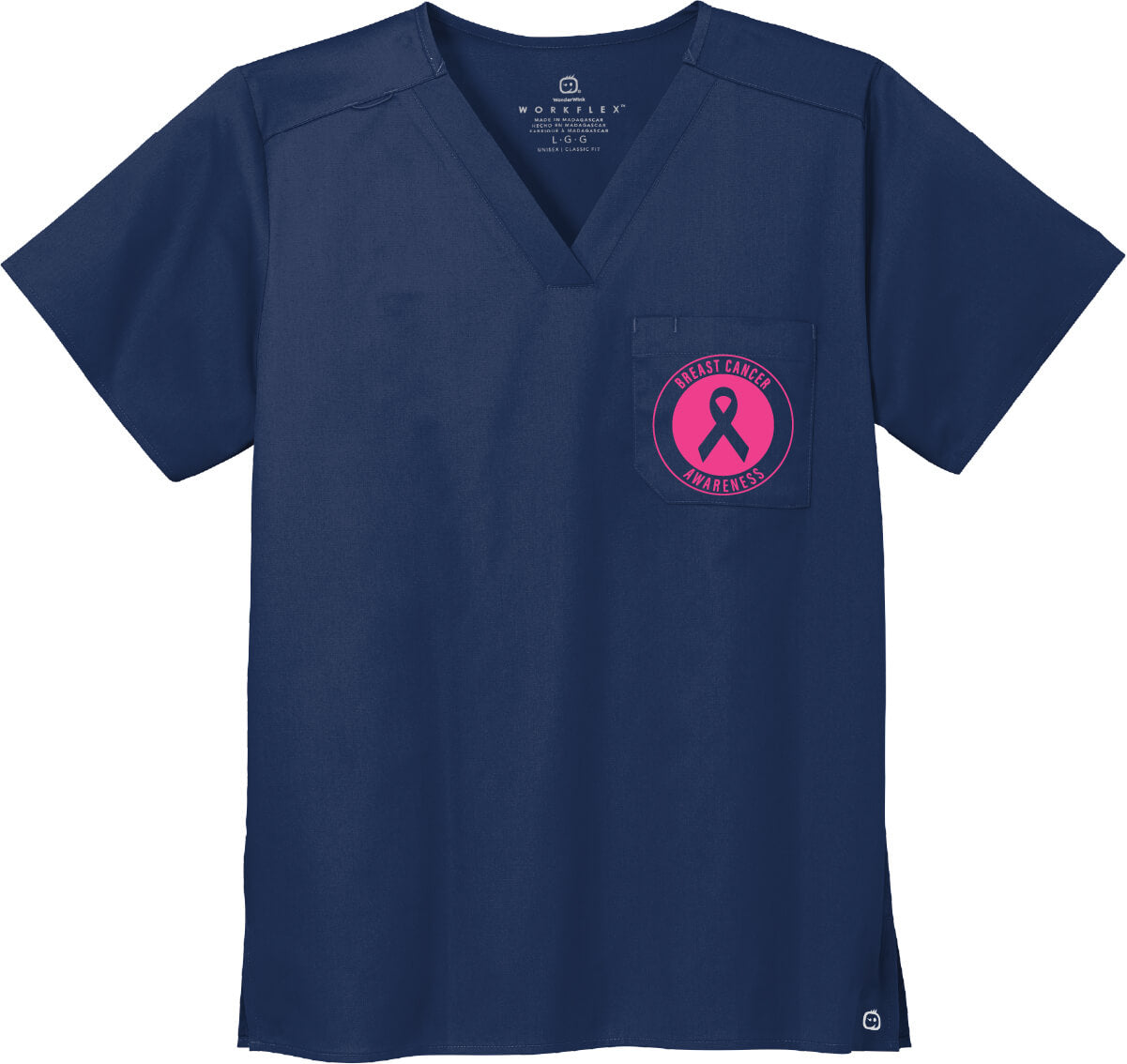 Wonder Wink Chest Pocket V-Neck Top navy with awareness circle