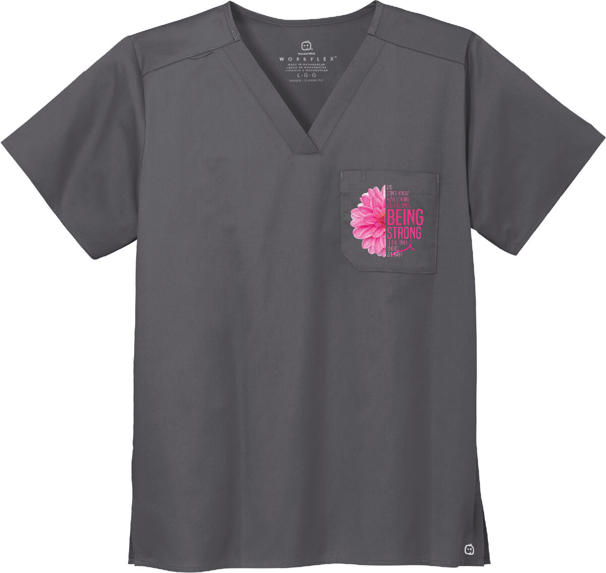 Wonder Wink Chest Pocket V-Neck Top gray with flower quote