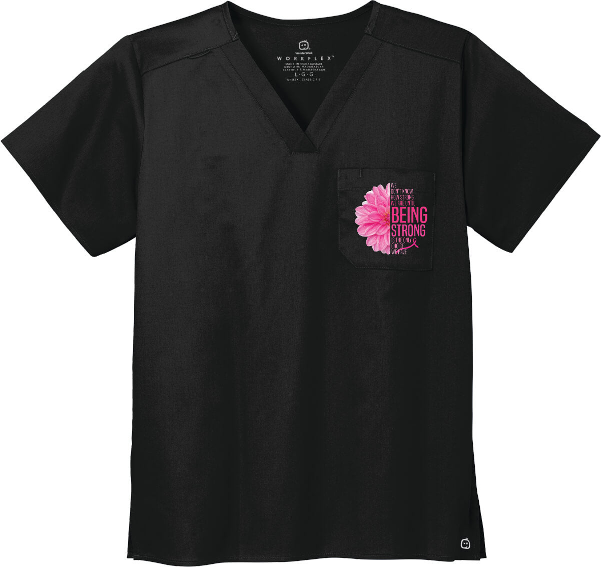 Wonder Wink Chest Pocket V-Neck Top black with flower quote