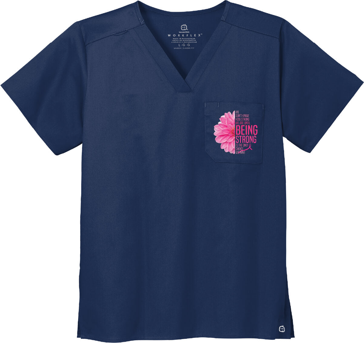 Wonder Wink Chest Pocket V-Neck Top navy with flower quote