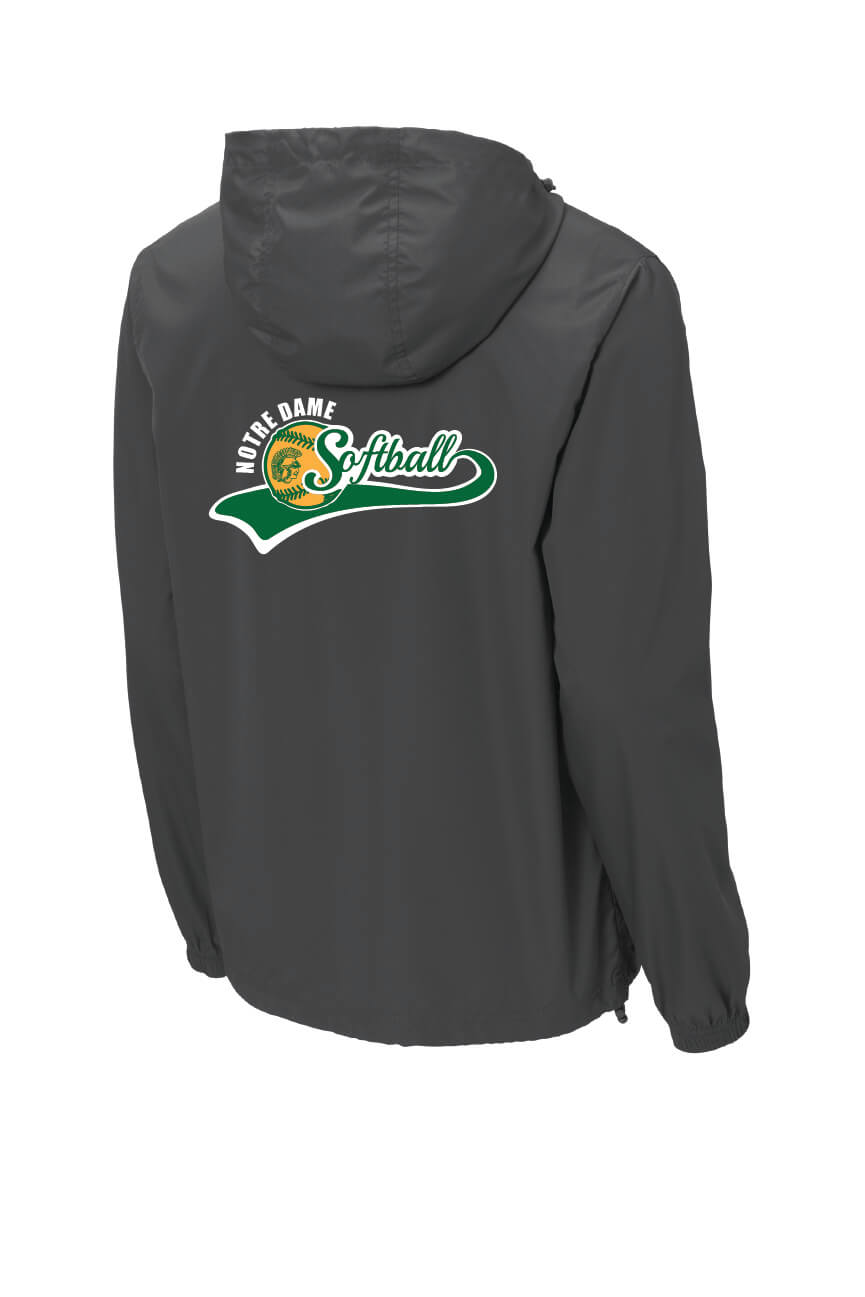 Notre Dame Softball Sport Tek Packable Windbreaker gray, back