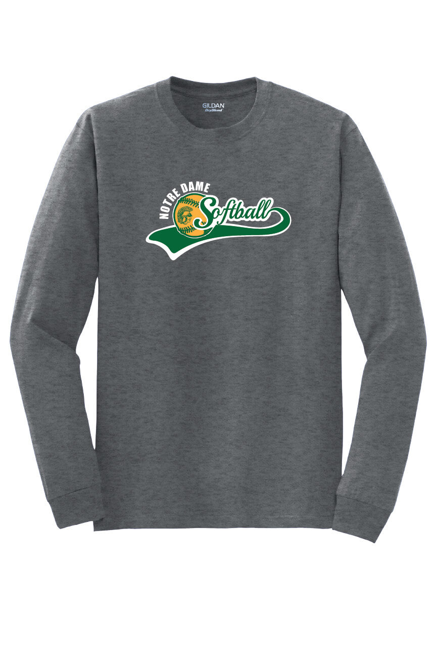 Notre Dame Softball Long Sleeve T-Shirt (Youth) gray, front