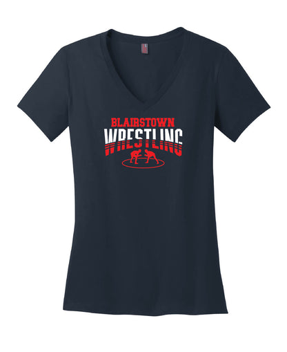Blairstown Wrestling V-Neck Short Sleeve T-Shirt (Ladies) navy