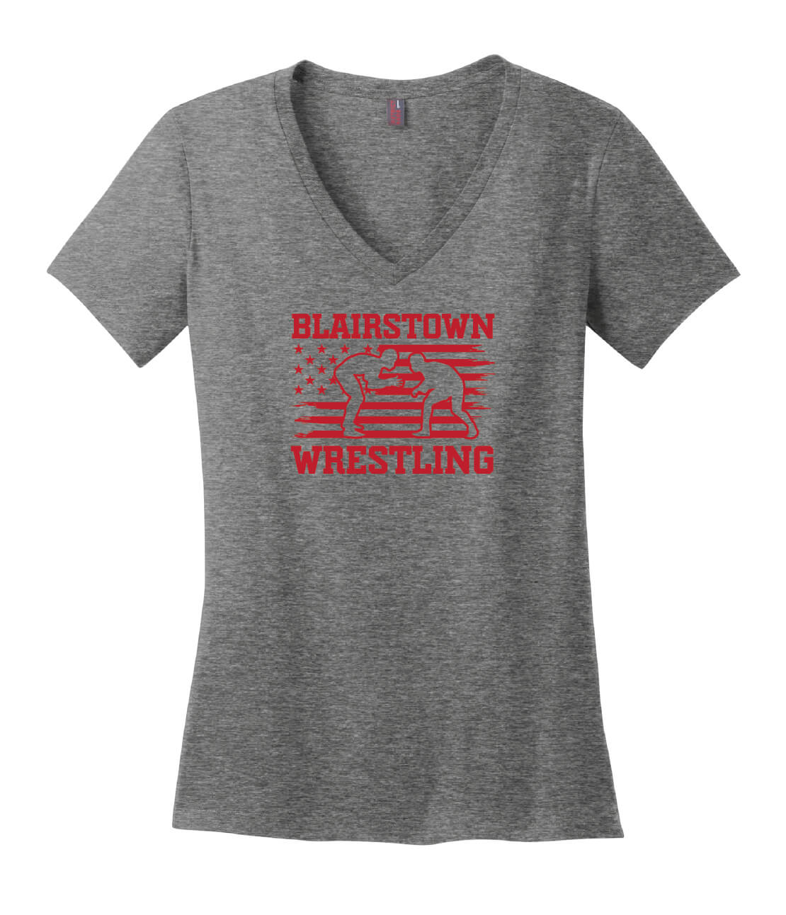 Blairstown Wrestling Flag V-Neck Short Sleeve T-Shirt (Ladies) gray