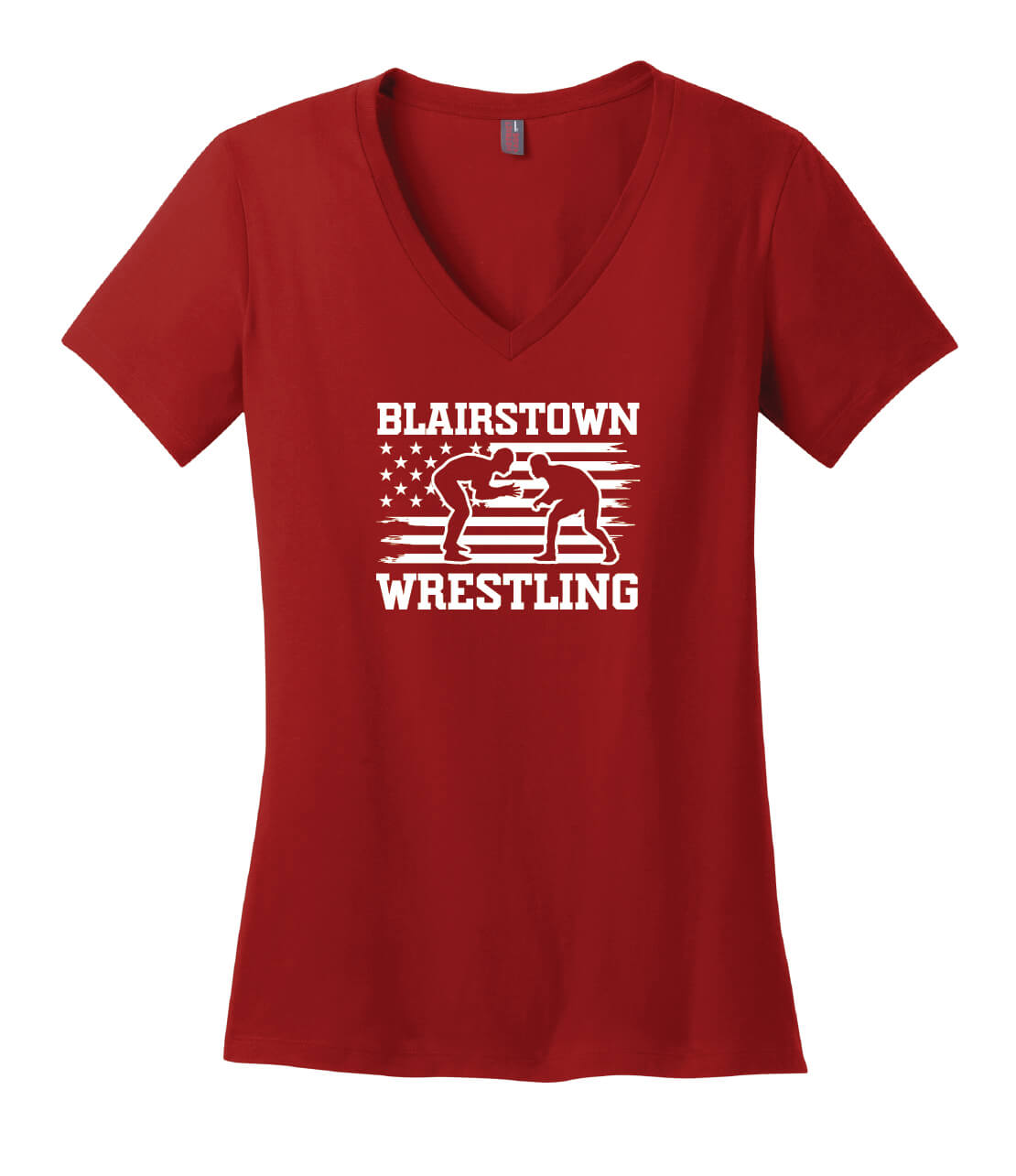 Blairstown Wrestling Flag V-Neck Short Sleeve T-Shirt (Ladies) red