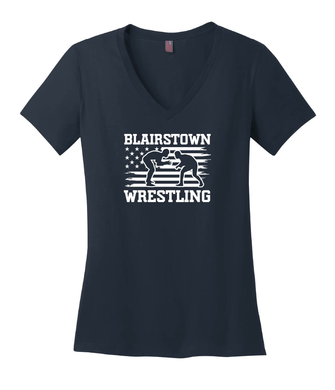 Blairstown Wrestling Flag V-Neck Short Sleeve T-Shirt (Ladies) navy